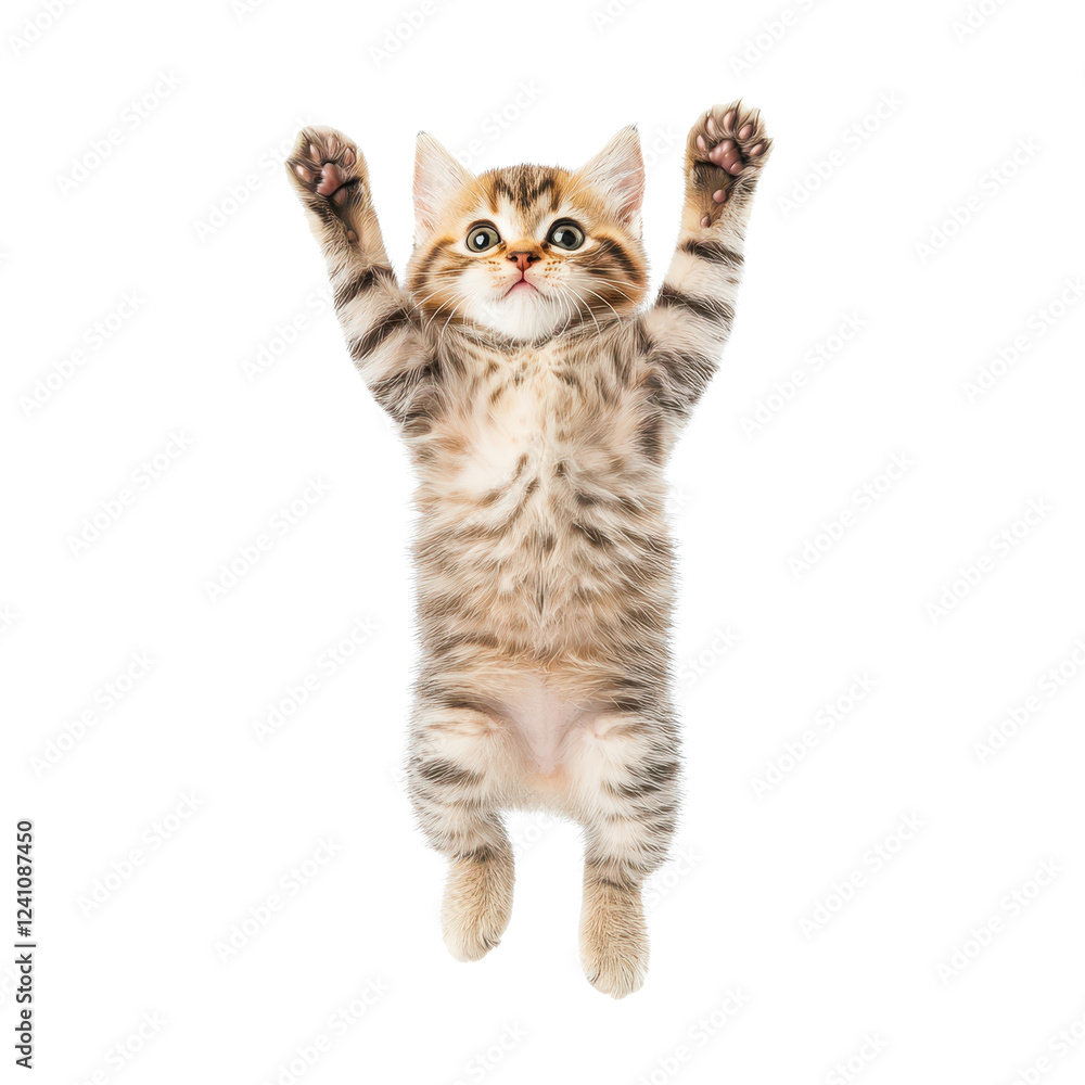 Obraz premium Playful kitten jumping joyfully with paws outstretched, capturing pure feline energy.