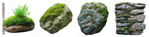 Collection of moss-covered rocks showcasing different textures and forms, perfect for nature-inspired designs and landscapes. PNG transparent background