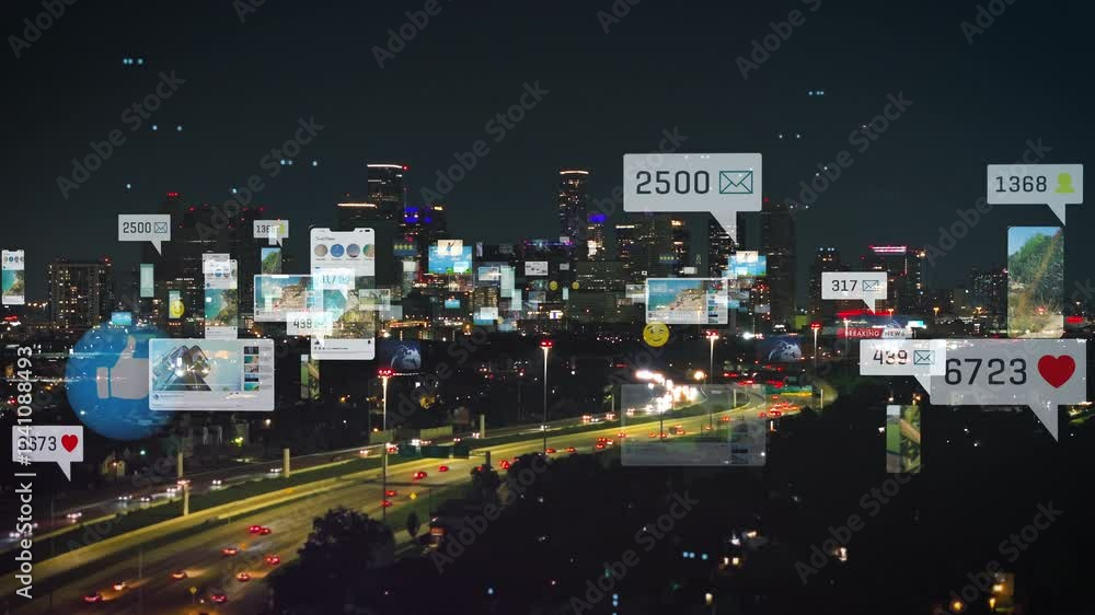 Social media activity with augmented reality icons over Houston, Texas. Concept of big data, smart city and social networks Social media activity with augmented reality icons over Houston, Texas. Concept of big data, smart city and social networks