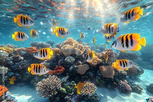 Fototapeta Naklejka Na Ścianę i Meble -  A vibrant underwater scene featuring colorful fish swimming among a diverse coral reef, showcasing striking patterns and the brilliance of marine life.