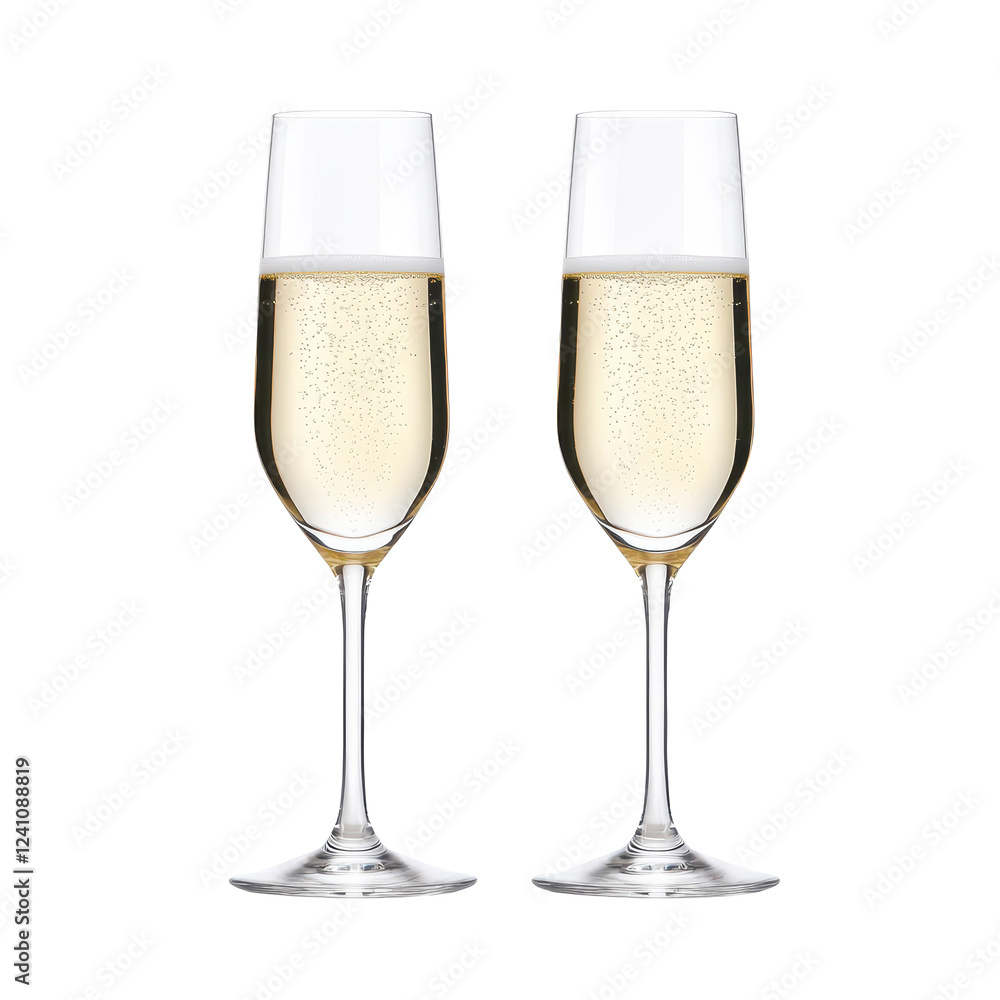 Two elegant champagne glasses filled with sparkling beverage, perfect for celebrations. Two elegant champagne glasses filled with sparkling beverage, perfect for celebrations.