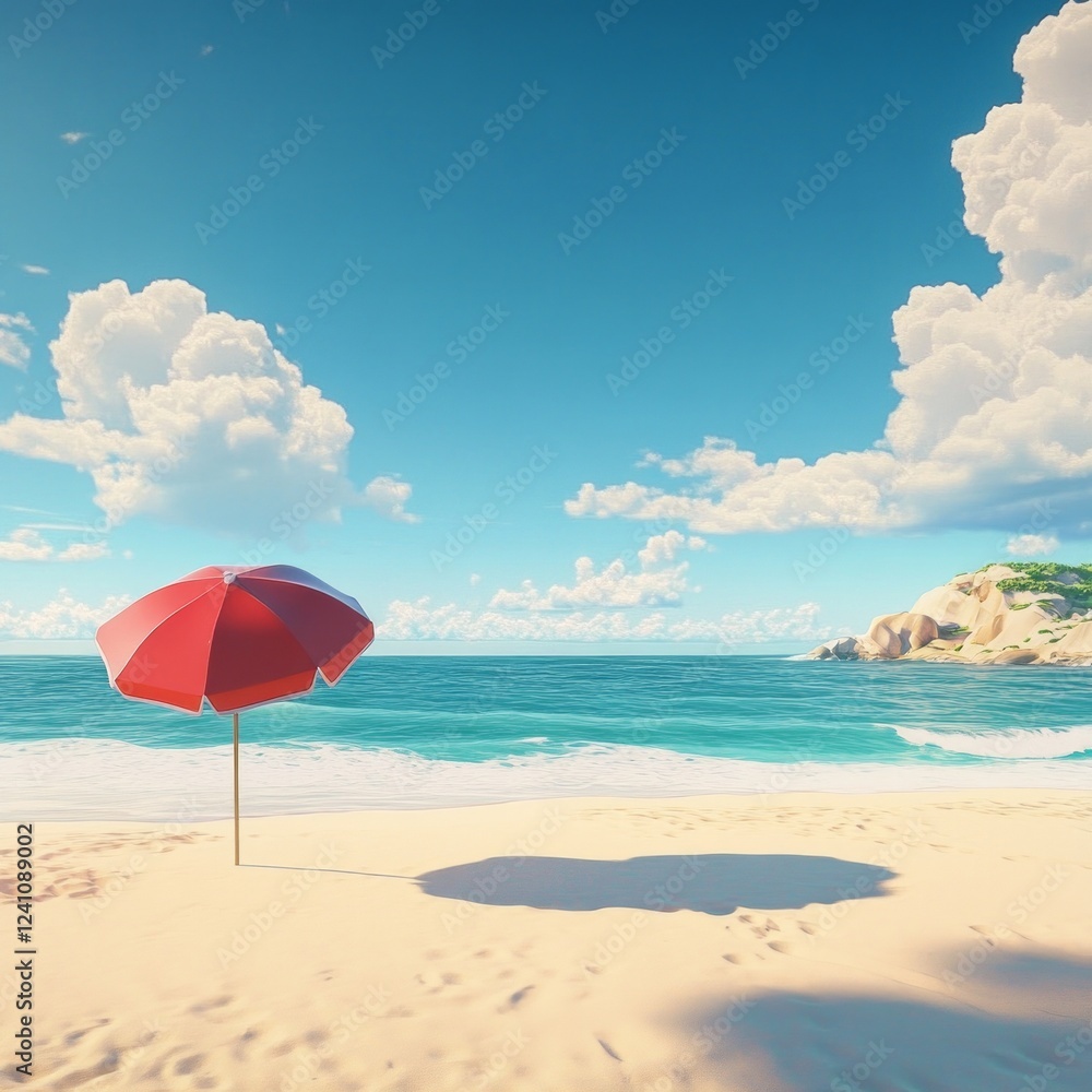 Solitary red umbrella on sunny beach with clear blue sky and gentle waves Solitary red umbrella on sunny beach with clear blue sky and gentle waves