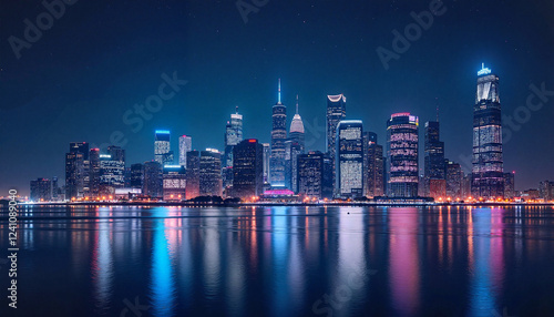 Wallpaper Mural Stunning city skyline at night with illuminated skyscrapers reflecting on the water Torontodigital.ca