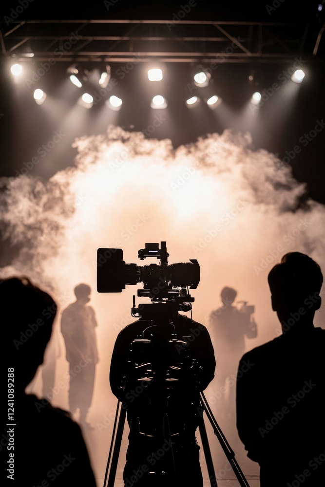 Fototapeta premium Film Crew Filming Performance On Stage With Smoke