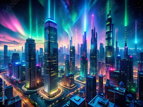 Wallpaper Mural Futuristic Neon Cityscape Illuminated by Digital Aurora, Aerial View Torontodigital.ca