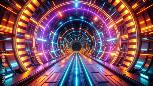 Futuristic Neon Tunnel: Vibrant Purple, Blue & Orange Swirling Lights, Sci-Fi Night Photography