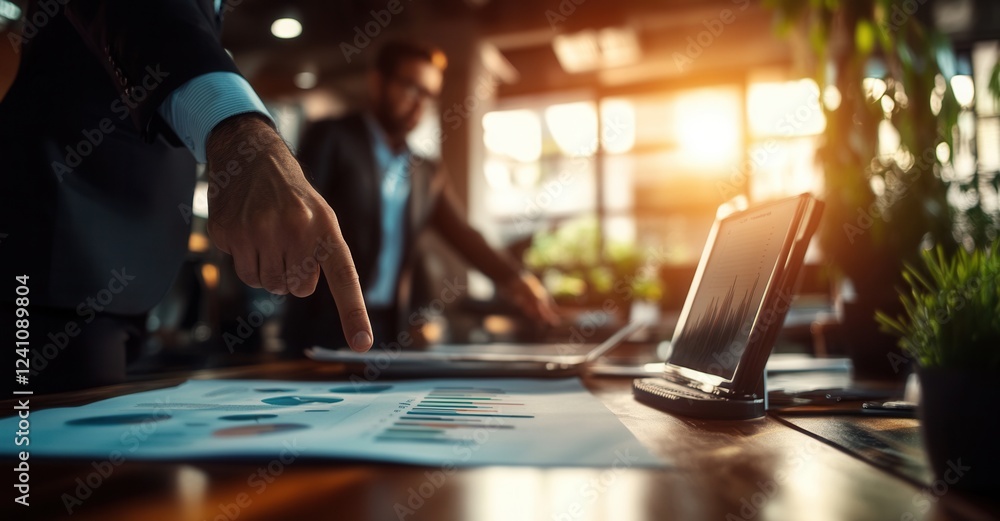 A diverse team in a modern boardroom actively engages in a strategy session, pointing at charts, discussing financial growth and business opportunities.