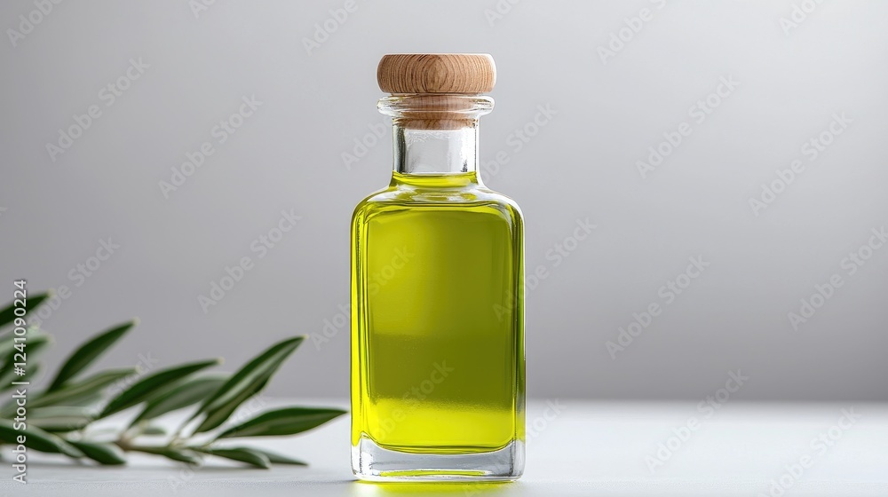 Olive oil bottle, branch, white background, healthy cooking ingredient Olive oil bottle, branch, white background, healthy cooking ingredient