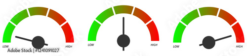 Set of Low to High Guage Meter with Hand and Gradient Vector Illustration
