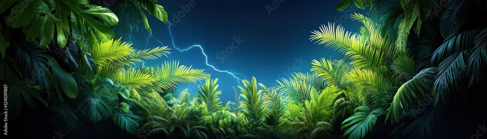 A vibrant jungle scene with lush greenery and a dramatic sky, featuring rich foliage and a hint of lightning in the distance. A vibrant jungle scene with lush greenery and a dramatic sky, featuring rich foliage and a hint of lightning in the distance.