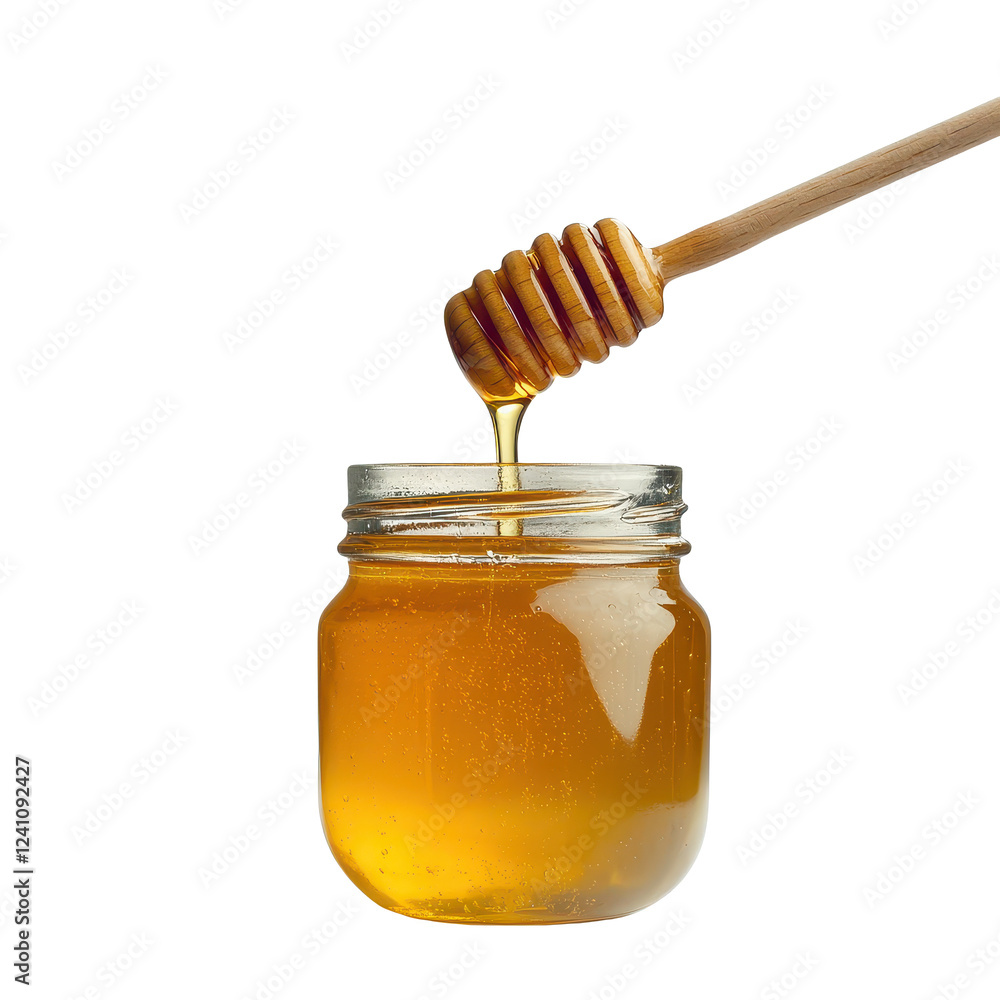 A jar of honey with a wooden dipper dripping golden sweetness. A jar of honey with a wooden dipper dripping golden sweetness.