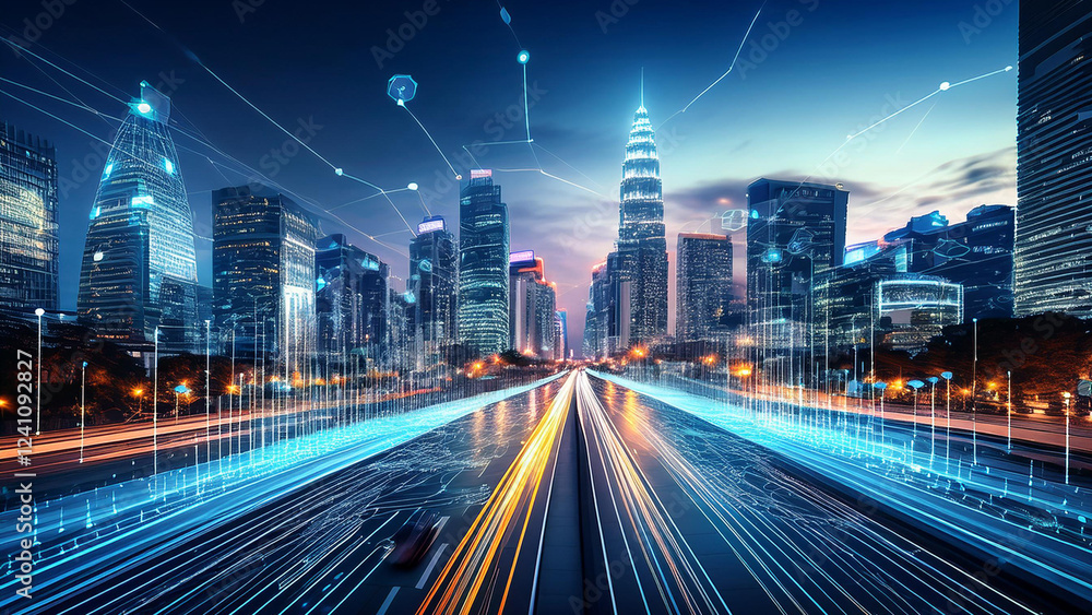 Fototapeta premium A city skyline with AI-driven data overlays