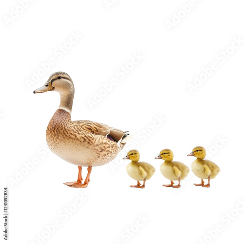 A mother duck walking with her adorable ducklings in a sunny setting.