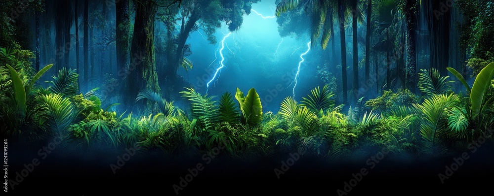 A mystical forest scene illuminated by blue light, featuring dense foliage and dramatic lightning in the background, creating an enchanting atmosphere. A mystical forest scene illuminated by blue light, featuring dense foliage and dramatic lightning in the background, creating an enchanting atmosphere.