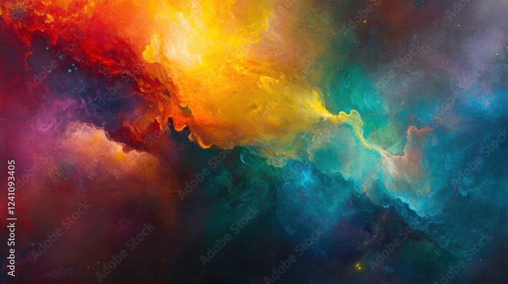 A vibrant nebula painting with swirling colors of orange, yellow, red, blue, and purple. A vibrant nebula painting with swirling colors of orange, yellow, red, blue, and purple.