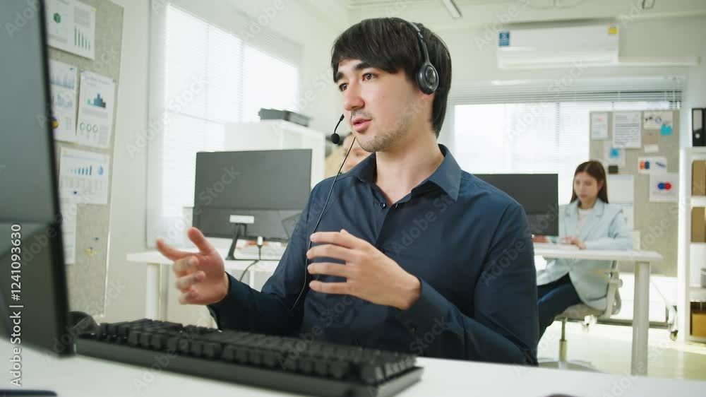 Businessman working as a customer support operator with headset. Female Call center, consulting and telemarketing concept, Customer service representative. sale agent Representative Company. Businessman working as a customer support operator with headset. Female Call center, consulting and telemarketing concept, Customer service representative. sale agent Representative Company.