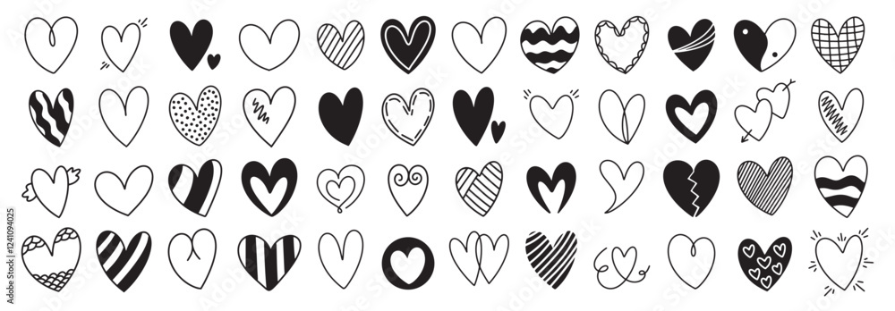 Obraz premium Cute hand drawn heart shaped doodle icon set for Valentines Day. Many different hearts with ornaments stripes dots love collection isolated on white background. Black and white