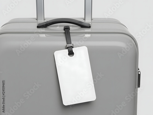 A gray suitcase with a blank luggage tag attached, showcasing a modern design perfect for travel and adventure