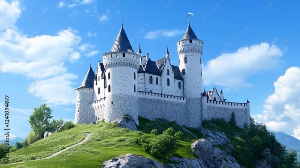 Majestic castle atop a hill with lush greenery and mountains in the background under a bright blue sky Majestic castle atop a hill with lush greenery and mountains in the background under a bright blue sky
