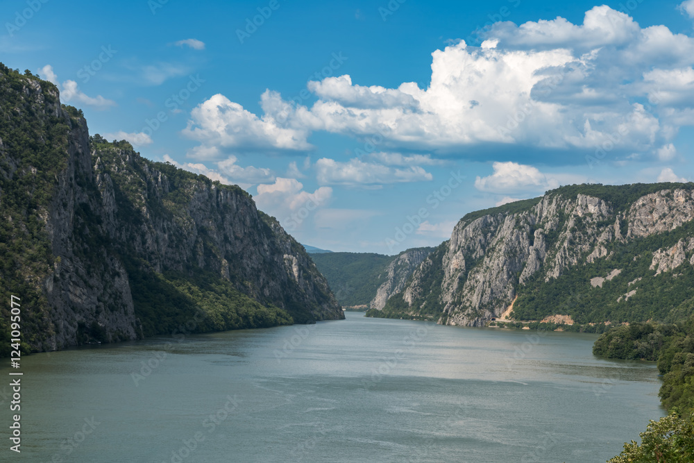 Obraz premium Djerdap national park, the iron gate of the Danube river , The Serbian side is the Serbia-Romanian border.