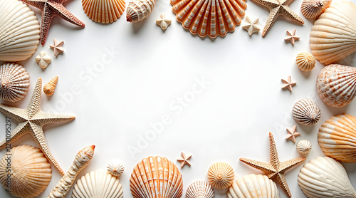 Colorful sea shells and starfish arranged beautifully on a light background create a coastal themed frame perfect for invitations or summer decor photo