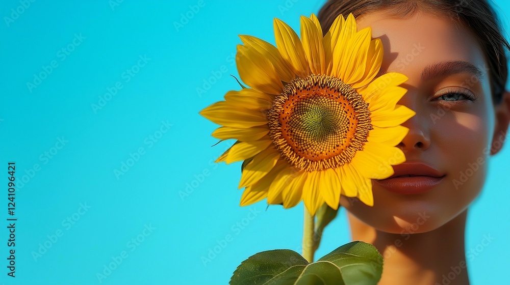 The model holding a sunflower over her right eye on a bright blue background on the right side. Spring, fresh, agriculture, copy space concept.