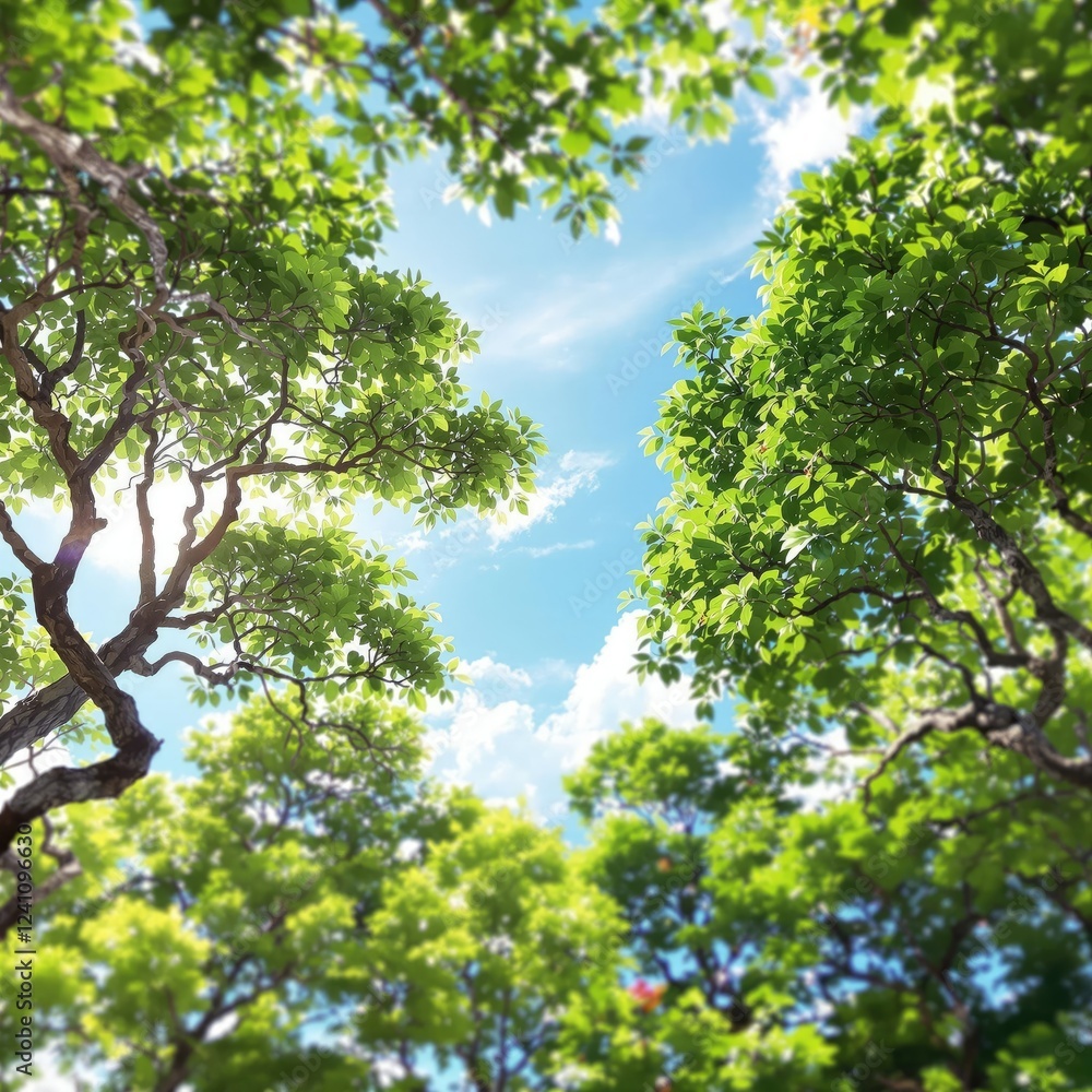 Fototapeta premium Bokeh effect of garden trees against a sunny blue sky, garden, outdoor, sunlight, blurred background, nature
