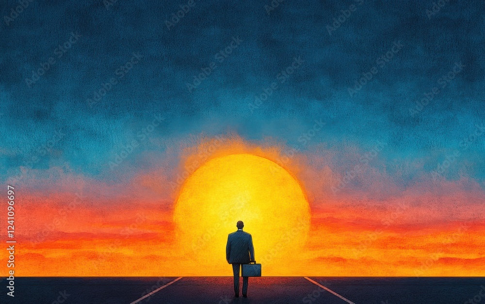 A silhouette of a person with a briefcase stands on a road, gazing at a vibrant sunset, symbolizing opportunity and new beginnings. A silhouette of a person with a briefcase stands on a road, gazing at a vibrant sunset, symbolizing opportunity and new beginnings.