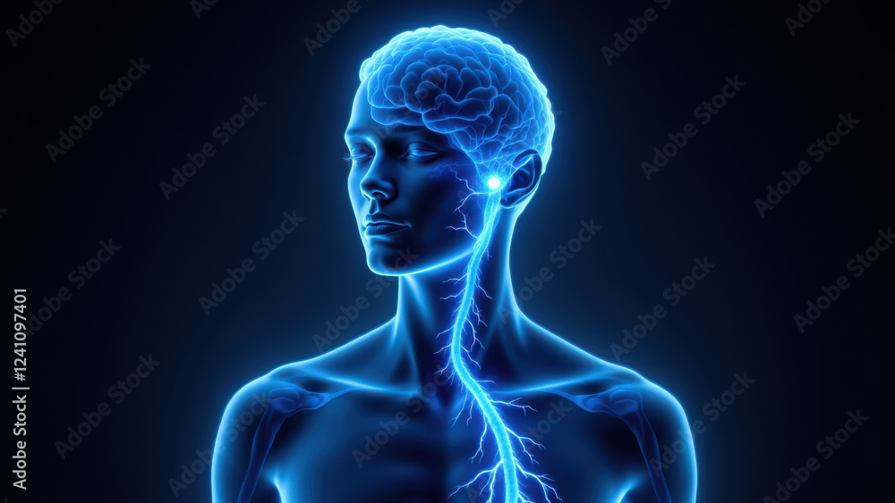 A digital rendering of a human head with highlighted brain activity and the VNS device showing vagus nerve stimulation. A digital rendering of a human head with highlighted brain activity and the VNS device showing vagus nerve stimulation.