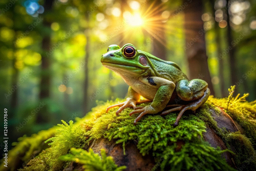 Obraz premium Green Frog on Tree Stump - Nature Stock Photo - Amphibian Wildlife