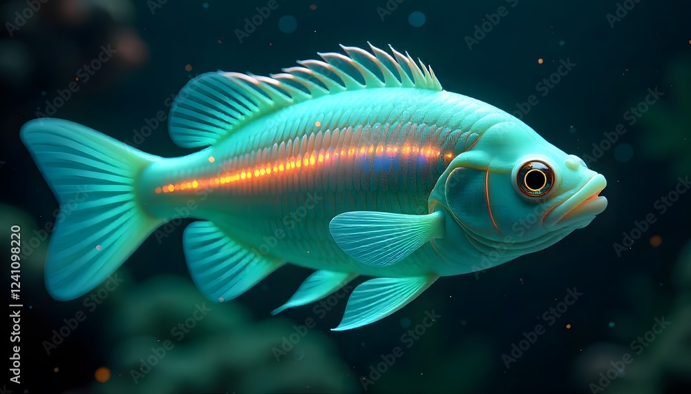 Luminous Aquatic Creature: A Teal Fish with Orange Highlights Luminous Aquatic Creature: A Teal Fish with Orange Highlights