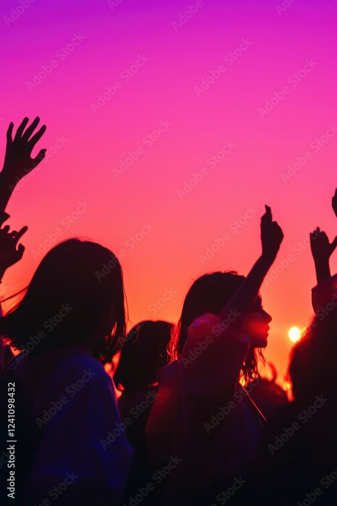 Fototapeta premium Silhouetted Crowd Enjoying Sunset Concert
