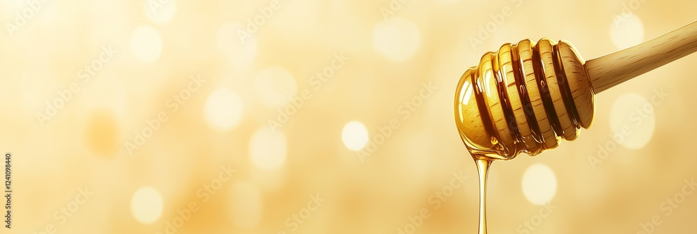 A golden drop of honey falling from a wooden honey dipper onto a smooth surface, surrounded by warm light and bokeh effect A golden drop of honey falling from a wooden honey dipper onto a smooth surface, surrounded by warm light and bokeh effect