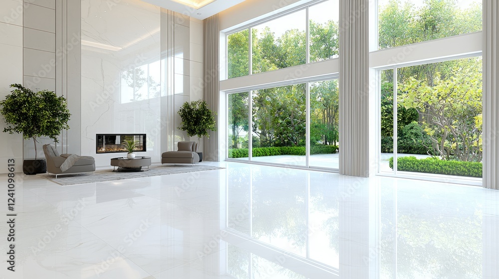 Fototapeta premium Luxurious living room with garden view, modern design, bright interior