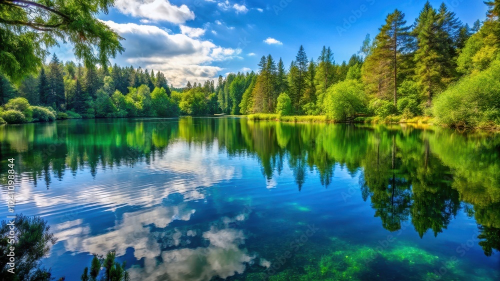 Serene lake scene with clear water ripple on calm surface, surrounded by lush greenery and trees, creating a peaceful atmosphere, perfect for nature photography, clear water, calm Serene lake scene with clear water ripple on calm surface, surrounded by lush greenery and trees, creating a peaceful atmosphere, perfect for nature photography, clear water, calm