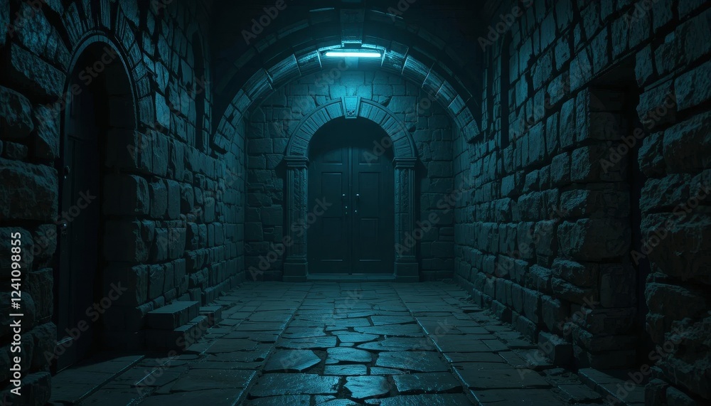 Mysterious dark stone hallway with glowing light Mysterious dark stone hallway with glowing light