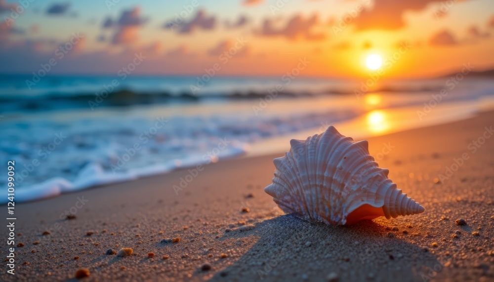Scenic beach sunset with a seashell on the sand Scenic beach sunset with a seashell on the sand