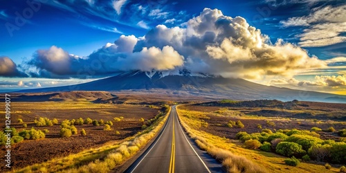 Hawaii Big Island Highway 200 Scenic Drive, Mauna Kea & Mauna Loa Volcanoes, Blue Sky Landscape photo