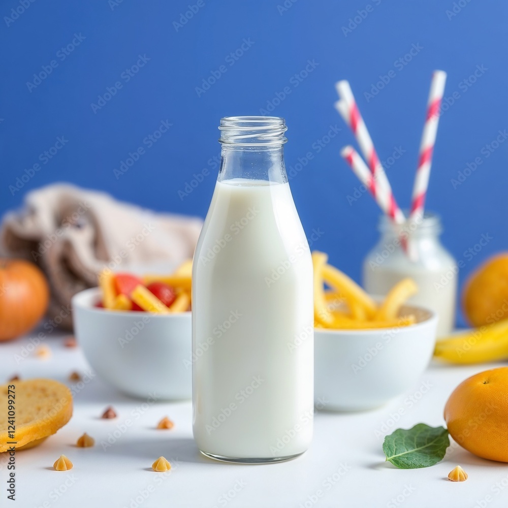 Fresh milk bottle with breakfast food on blue background Fresh milk bottle with breakfast food on blue background