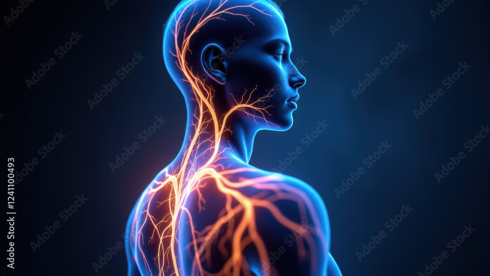 Illustration of a human body with highlighted VNS or Vagus Nerve Stimulation area. Illustration of a human body with highlighted VNS or Vagus Nerve Stimulation area.