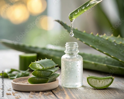 Aloe Vera juice dripping from leaf into bottle on table.