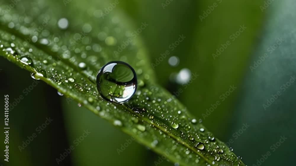 A close-up of a vibrant green leaf adorned with glistening water droplets. A close-up of a vibrant green leaf adorned with glistening water droplets.