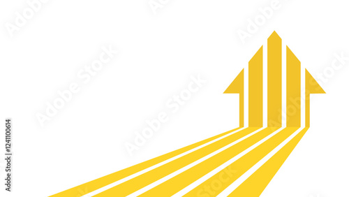 Yellow arrow pointing upwards made up of multiple lines joining together on a white background