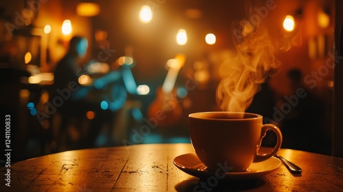 Warm Coffee Cup with Steam in Cozy Jazz Cafe Atmosphere