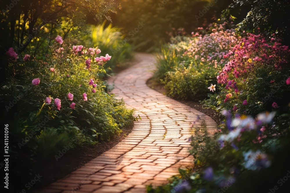 english cottage garden at golden hour, winding brick path through blooming perennials, magical evening light