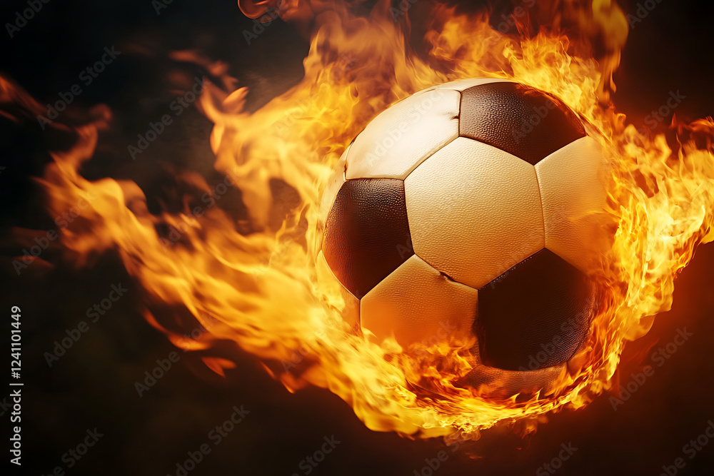 Naklejka premium fiery soccer ball, a burning soccer ball flying through the air against a black background, a burning soccer ball on a black background, a burning soccer ball, a burning soccer ball, 3d illustration
