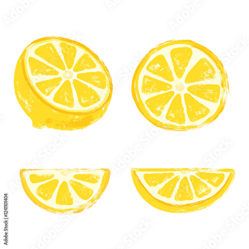 Grunge Brush Stroke Lemon fruits set. Creative grungy brush painted lemons, half lemon fruits and lemon slices set. Fresh lemons for juice and lemonade products.