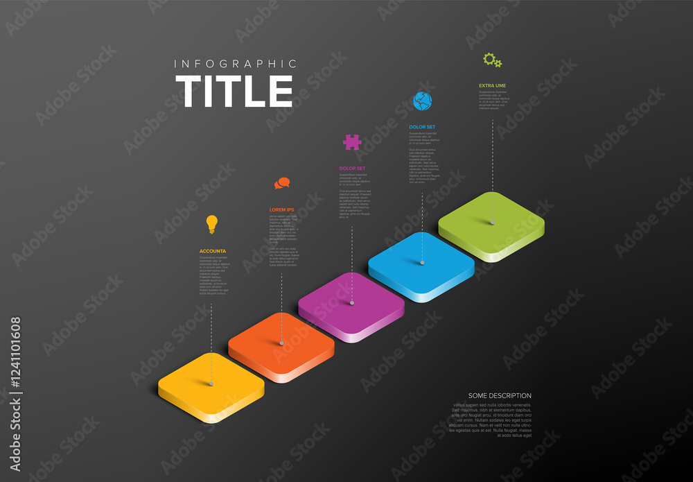 3D step dark infographic with colorful sequential step blocks highlights key concepts