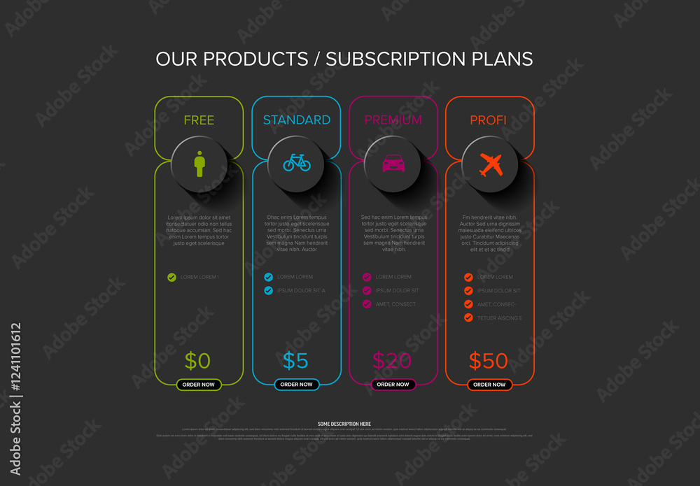 Dark Subscription Plan Options Free, Standard, Premium, and Profi with Pricing Details