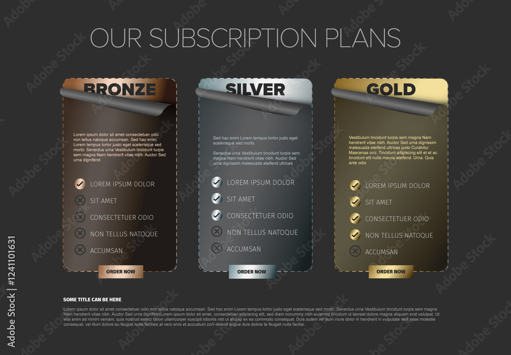 Golden silver and bronze Subscription Plans Comparison Chart Template
